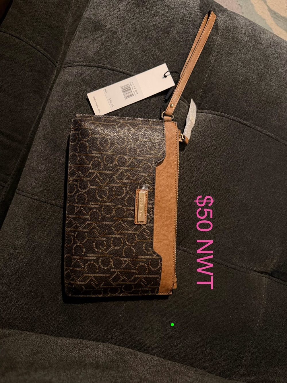 Calvin Klein Brown Monogram Wristlet Clutch with Tan Trim
